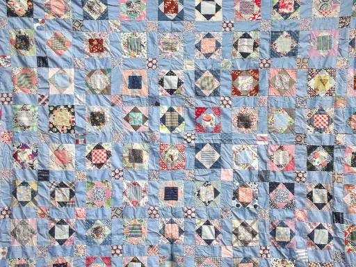 old quilt top, all vintage cotton print fabric, hand-stitched patchwork blocks