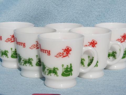 old red and green Christmas Tom and Jerry punch cups, vintage Hazel Atlas glass mugs