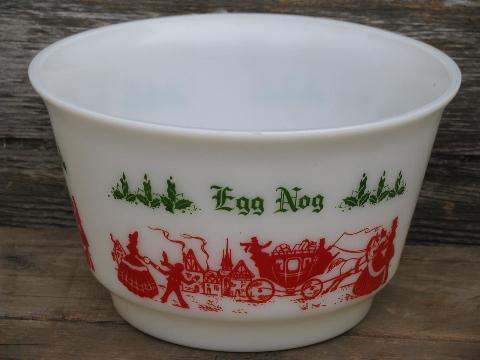 old red & green Christmas eggnog punch cups & bowl, vintage milk glass