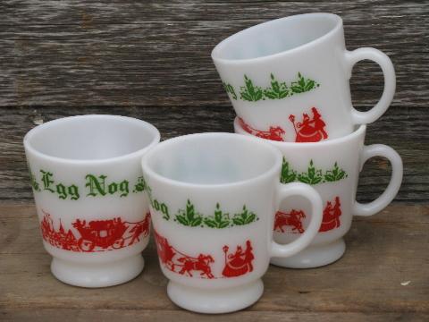 old red & green Christmas eggnog punch cups & bowl, vintage milk glass