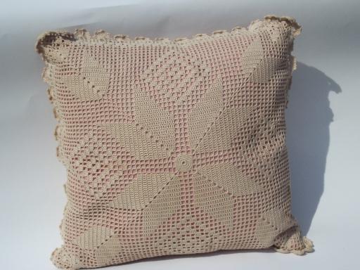 old rose pink pillow w/ ecru cotton lace crochet, shabby chic vintage 