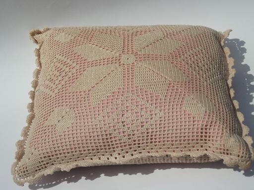 old rose pink pillow w/ ecru cotton lace crochet, shabby chic vintage 