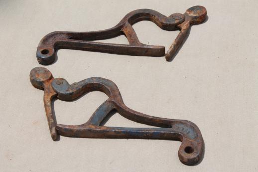 old rusty  iron hardware ladder hooks,  vintage farm primitive tool