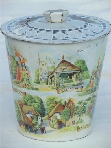 old scenes of England biscuit tin bucket, vintage metal cookie canister