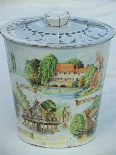 old scenes of England biscuit tin bucket, vintage metal cookie canister