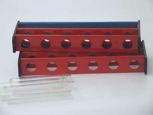 old school test tube racks, metal labware stands for chemistry vials