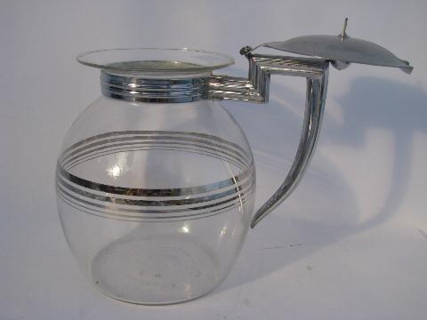old silver band glass Pyrex stovetop coffee pot / server, 1940s - 50s vintage