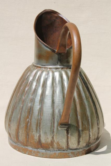 Old Silver Wash Solid Copper Pitcher, Handmade Hand Wrought Metal Water 