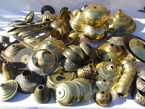 old solid brass lamp parts lot, vintage chandelier light restoration pieces etc.