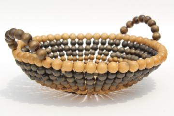 old souvenir of Niagara Falls, arts & crafts vintage wood beaded basket, strung wooden beads bowl
