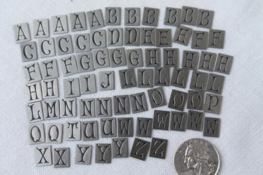 old stamped metal monogram alphabet letters, vintage craft charm jewelry supplies lot