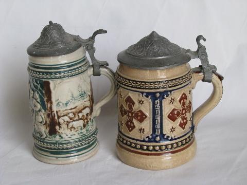 old stoneware pottery / pewter beer stein lot, vintage Germany, miniature steins