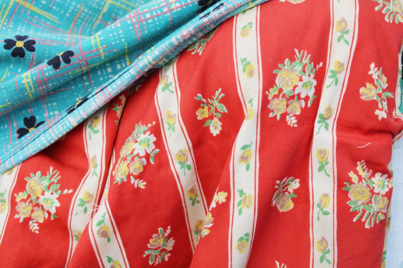 old tied quilt for cutter, teal & red vintage cotton print fabric for craft sewing projects