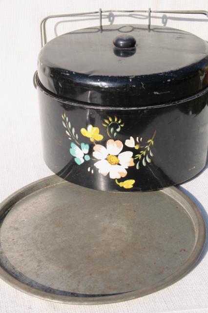 old tole metal cake cover carrier w/ hand painted flowers on black, vintage Ransburg