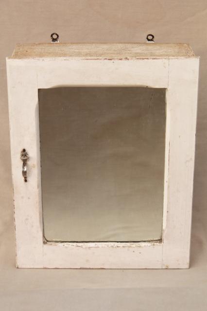 old white painted pine cupboard w/ shaving mirror, vintage farmhouse wall mount cabinet