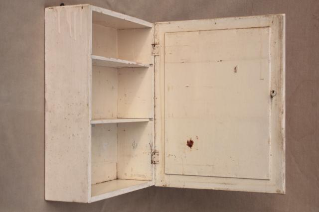 old white painted pine cupboard w/ shaving mirror, vintage farmhouse wall mount cabinet