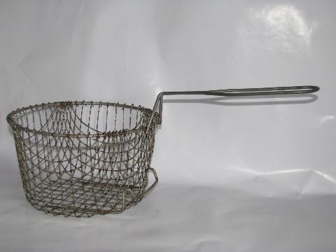 old wire fry baskets - one bowl, one w/ handle - vintage kitchenware