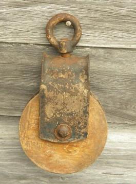 old wood and iron barn hayloft rope pulley, vintage farm primitive