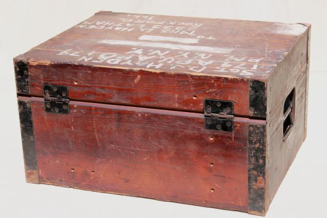 old wood carpenter's tool box, primitive chest packing case for machinist's tools, WWII vintage