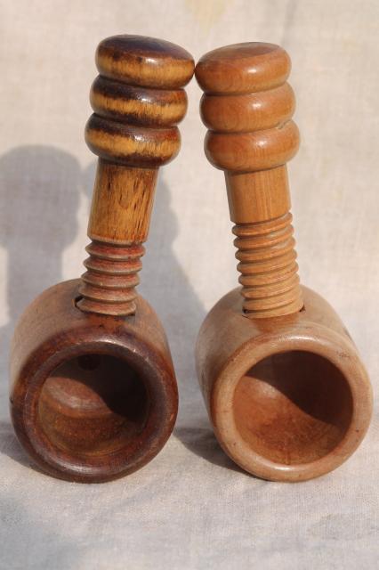 old wood screw type nutcrackers, Swiss style carved wood nut crackers
