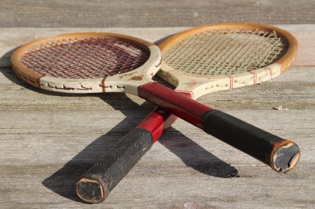 old wood tennis racquets rackets, mid-century vintage sporting equipment