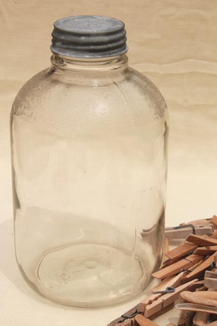 old zinc lid glass pickle jar and a gallon of vintage wood clothespins