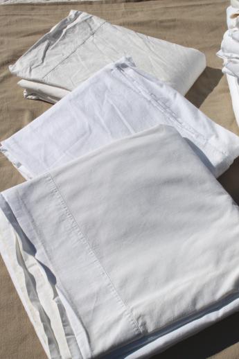 old-fashioned plain white cotton flat bed sheets & flannel sheet blankets, vintage linens lot