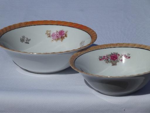 opalescent luster china w/ roses floral serving bowls, vintage Japan