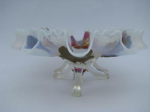 opalescent moonstone glass three legged bowl, red and gold reverse paint