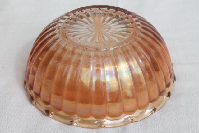 orange iridescent glass flower frog & bowls, mid-century vintage marigold carnival glassware