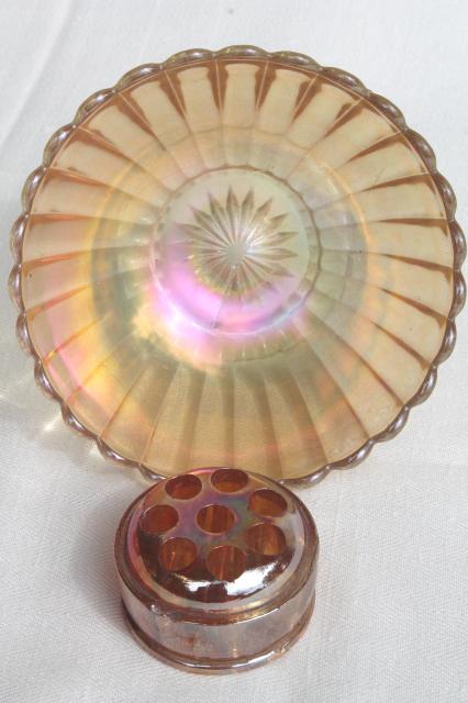 orange iridescent glass flower frog & bowls, mid-century vintage marigold carnival glassware