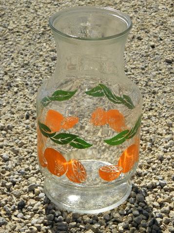 oranges print, vintage glass orange juice carafe, 50s-60s refrigerator bottle