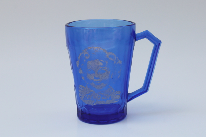 original 1930s vintage Shirley Temple mug, cobalt blue depression glass Hazel Atlas