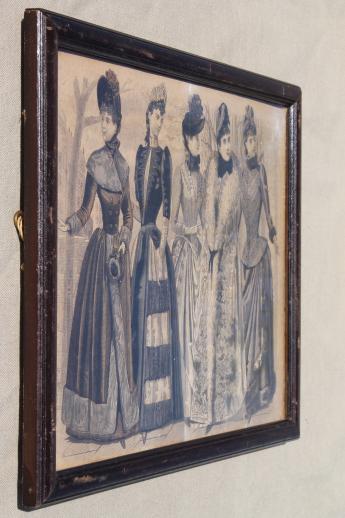 original antique framed print, Godey lady's book type 1880s dress fashion picture