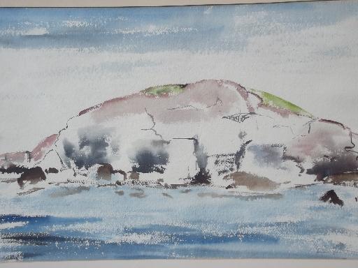 original artist signed watercolor seascape painting, Crumple Island Maine
