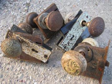 ornate antique Arts and Crafts vintage door hardware, doorknobs & plates