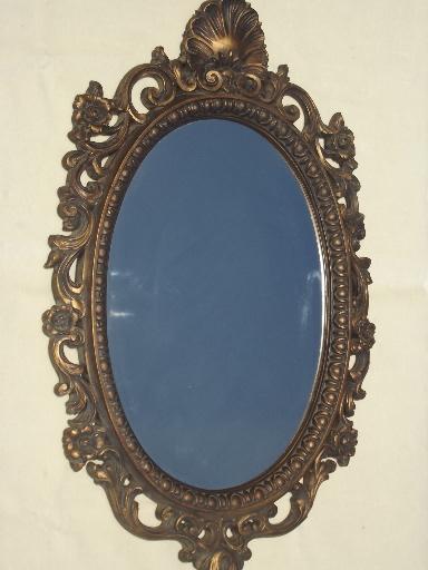 ornate antique gold plastic framed glass hall mirror, 60s 70s vintage
