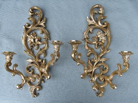 ornate antique gold rococo wall sconces, vintage floral candle brackets