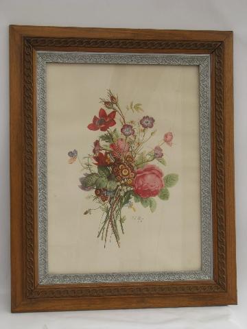 ornate antique oak frame w/ large vintage Prevost french floral print