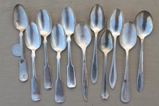 ornate antique silver plate tea spoons, vintage flatware lot 60 teaspoons mixed patterns