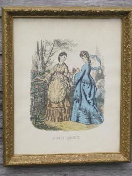 ornate framed antique french fashion print, ladies gowns godey style