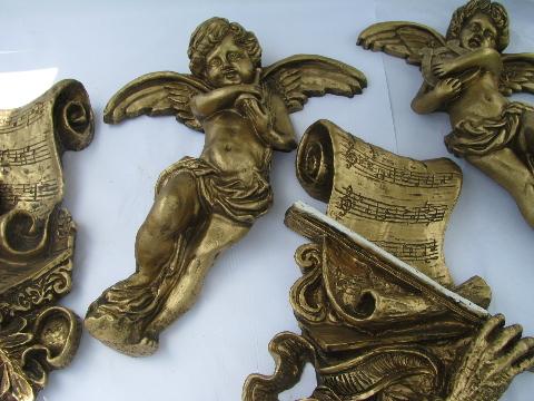 ornate gold rococo cherubs, music of love theme wall plaques, 60s vintage