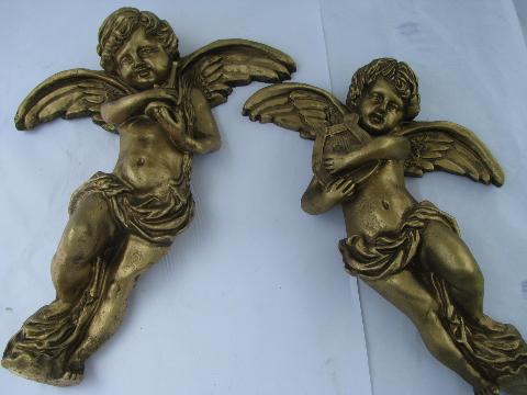 ornate gold rococo cherubs, music of love theme wall plaques, 60s vintage