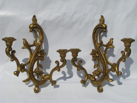 ornate gold rococo plastic wall sconces for candles, 60s vintage french country