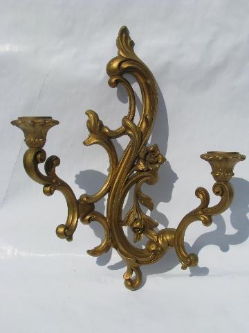 ornate gold rococo plastic wall sconces for candles, 60s vintage french country