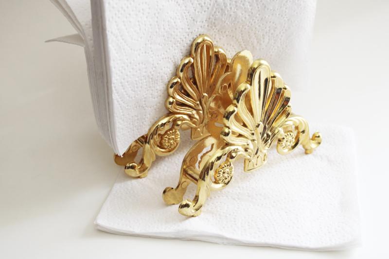 ornate gold tone metal napkin holders, classical shell vintage regency style