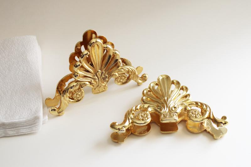 ornate gold tone metal napkin holders, classical shell vintage regency style