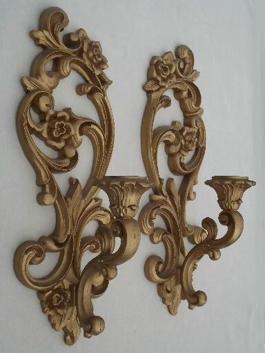 ornate gold wall sconces, vintage Homco candle holders wall plaques 