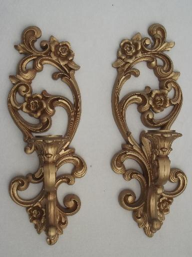 ornate gold wall sconces, vintage Homco candle holders wall plaques 