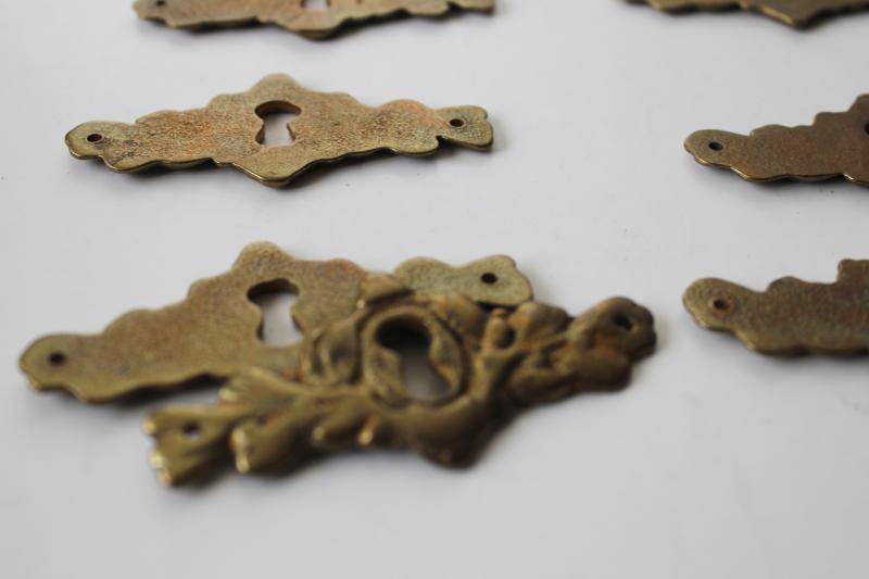 ornate keyhole plate escutcheons, lot new old stock solid brass hardware
